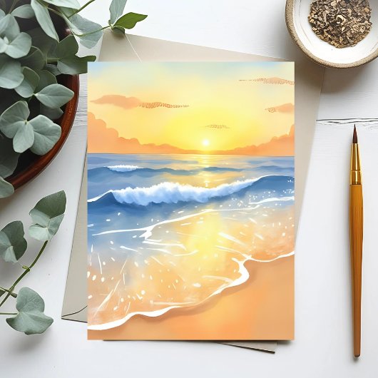 Ozeanwellen Sonnenuntergang | Strand Aquarell Postkarte