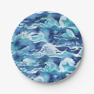 Ozeanwellen Türkis Wasserfarbe Aqua Blau Pappteller