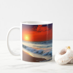 Ozeanwellen und Sonnenuntergang auf sandiger Dusch Kaffeetasse