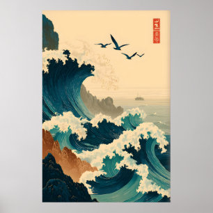 Ozeanwellen-Wandkunst im Vintage-japanischen Stil  Poster