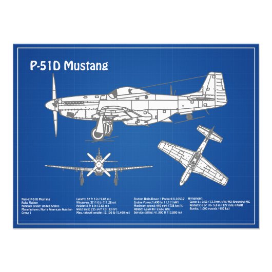 P-51D Mustang - Flugzeug-Blueprint ABD Fotodruck (Vorne)