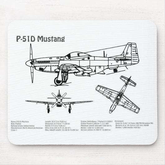 P-51D Mustang - Flugzeug-Blueprint BD Mousepad (Vorne)