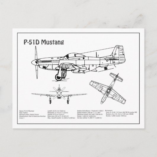 P-51D Mustang - Flugzeug-Blueprint BD Postkarte (Vorderseite)