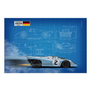 P 917 Blue and Orange Blueprint Poster