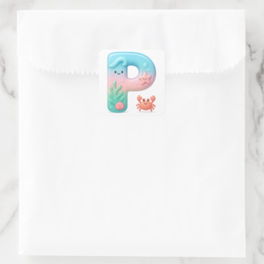 "P" Cute Letter - Underwater Sea Creature Quadratischer Aufkleber (Tasche)