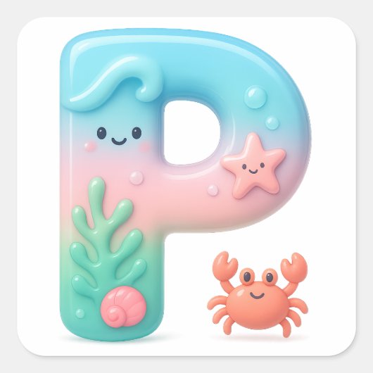 "P" Cute Letter - Underwater Sea Creature Quadratischer Aufkleber (Vorderseite)