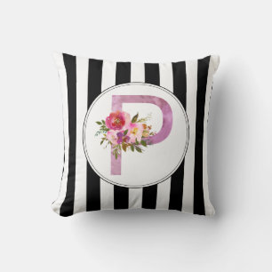 P, Floral Monogramm initial, Aquarellfarbe Blume Kissen