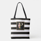 P Gold Floral Monogram | Schwarz-weiße Streifen Tasche (Rückseite)