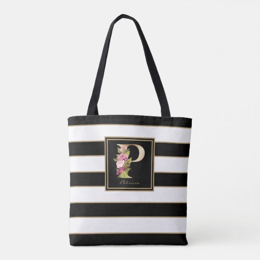 P Gold Floral Monogram | Schwarz-weiße Streifen Tasche (Rückseite)