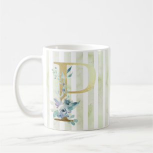 P, goldfarbene anfängliche blaue und weiße Streife Kaffeetasse