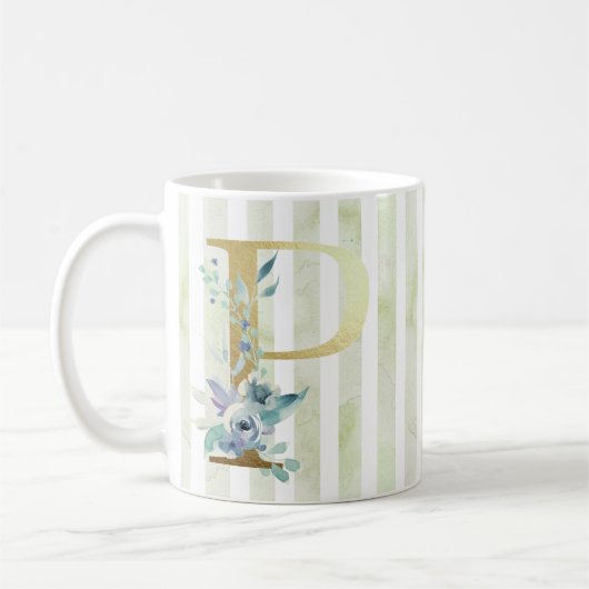 P, goldfarbene anfängliche blaue und weiße Streife Kaffeetasse (Links)