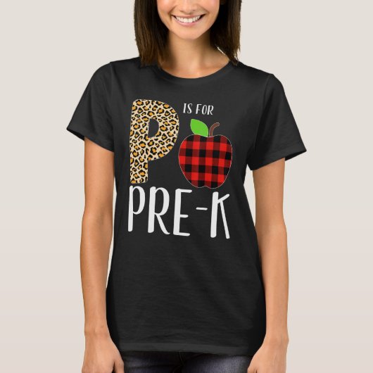 P Is For Pre K Teacher Leopard Buffalo Plaid Kids T-Shirt (Vorderseite)