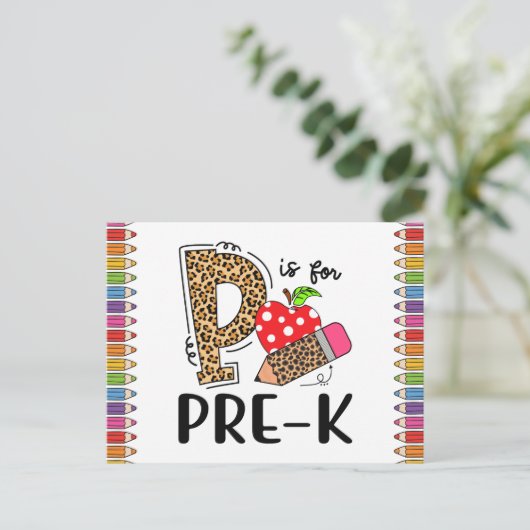 P ist für PRE K Back To School Lehrer Postkarte (Stehend Vorderseite)