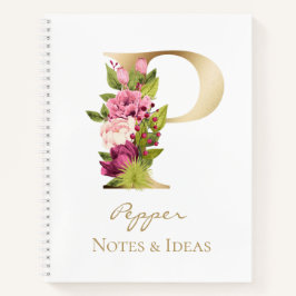 P Letter Gold Monogram Pink White Magenta Florals Notizblock