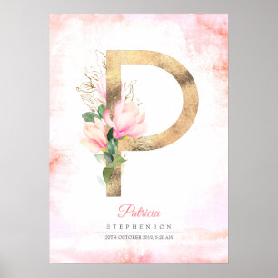 P Letter Monogram Gold Blätter Pink Magnolia Flora Poster