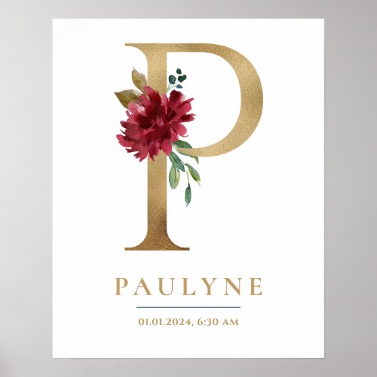 P Letter Monogram Name Marsala Floral Kinderzimmer Poster (Vorne)