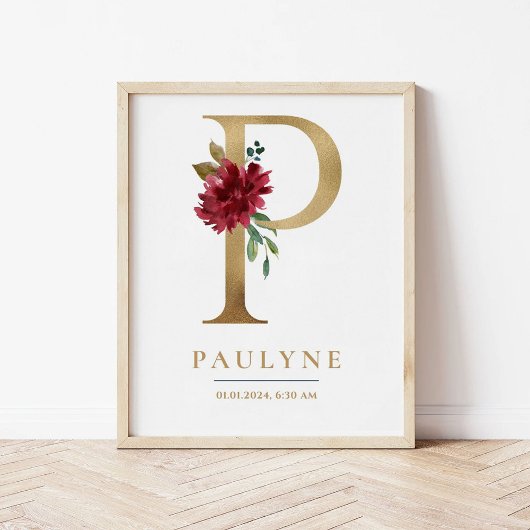 P Letter Monogram Name Marsala Floral Kinderzimmer Poster