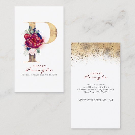 P Monogram Burgundy Gold und Navy Blue Floral Visitenkarte (Vorne/Hinten)