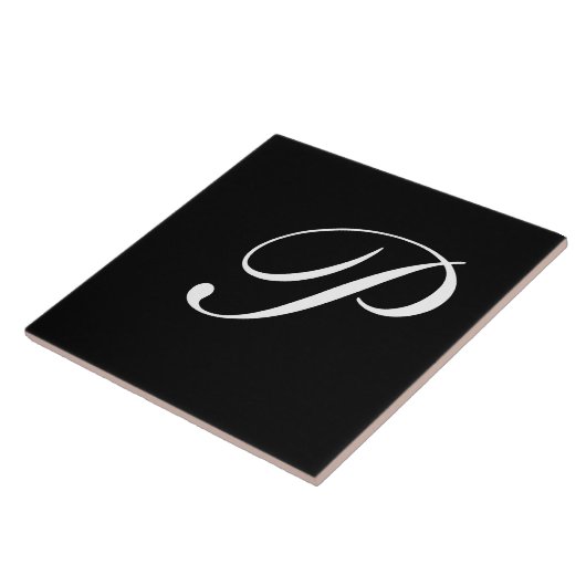 P Monogram Initial White auf Schwarz Fliese (Seite)