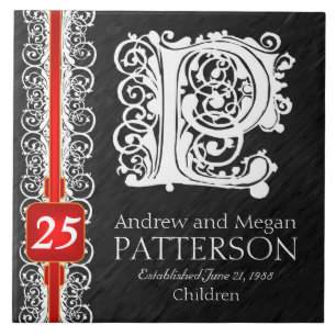 P Monogram "White Lace on Black" Anniversary Tile Fliese