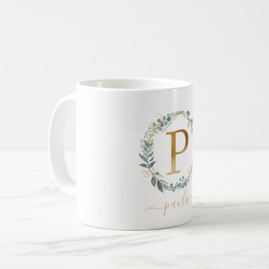 P Monogramm, kundenspezifischer Blattkranz Kaffeetasse (Vorderseite Links)