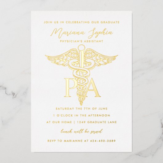 PA Arztassistent Caduceus Abschluss Gold Folieneinladung (Vorderseite)