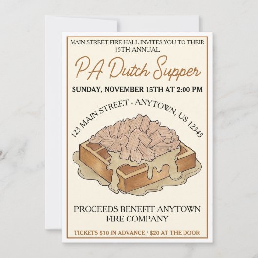 PA Dutch Food Fire Hall Hähnchen und Waffeln Einladung (Vorderseite)