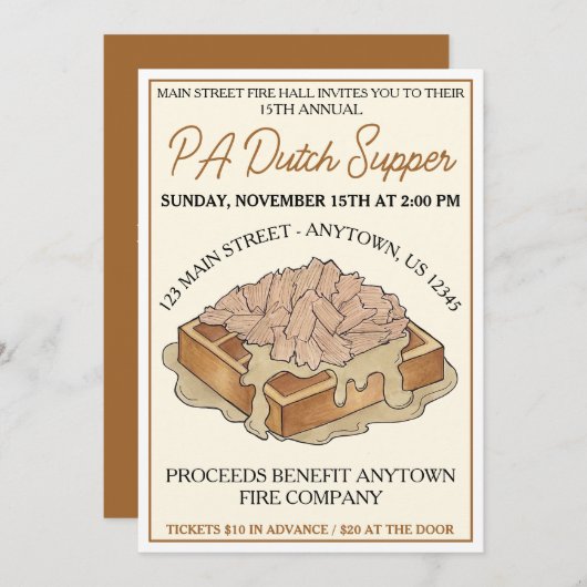 PA Dutch Food Fire Hall Hähnchen und Waffeln Einladung (Vorne/Hinten)