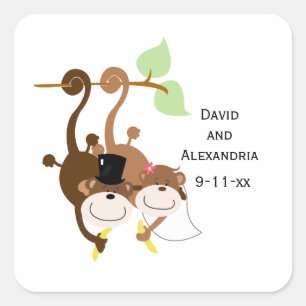 Paar Affen in einem Baum Hochzeit Bridal Gefallen Quadratischer Aufkleber