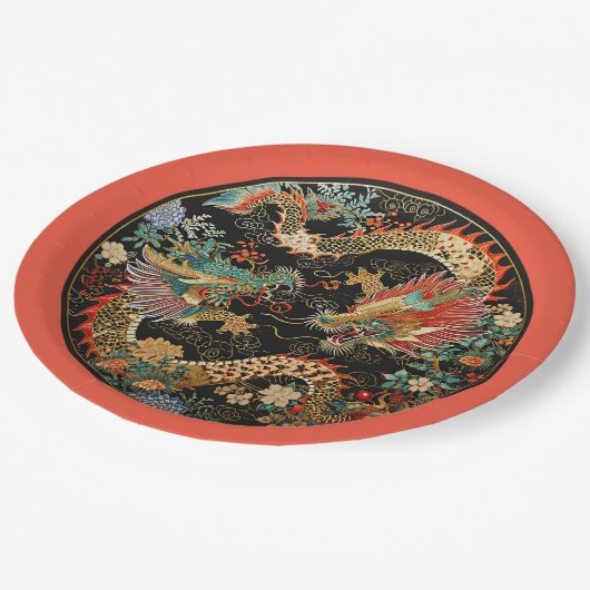 Paar asiatischer Drachen Pappteller (Schrägansicht)