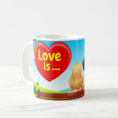 Paar auf einer Bank mit Liebe Titel Kaffeetasse (Vorderseite Links)