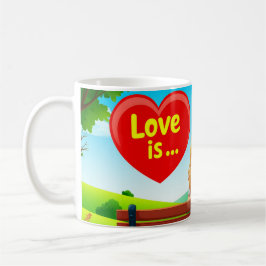 Paar auf einer Bank mit Liebe Titel Kaffeetasse