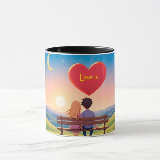 Paar auf einer Bank mit Liebe Titel Tasse (Zentrum)