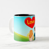 Paar auf einer Bank mit Liebe Titel Zweifarbige Tasse (Vorderseite Links)