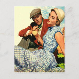 Paar auf Picknick, vintage, Valentinstag Postkarte