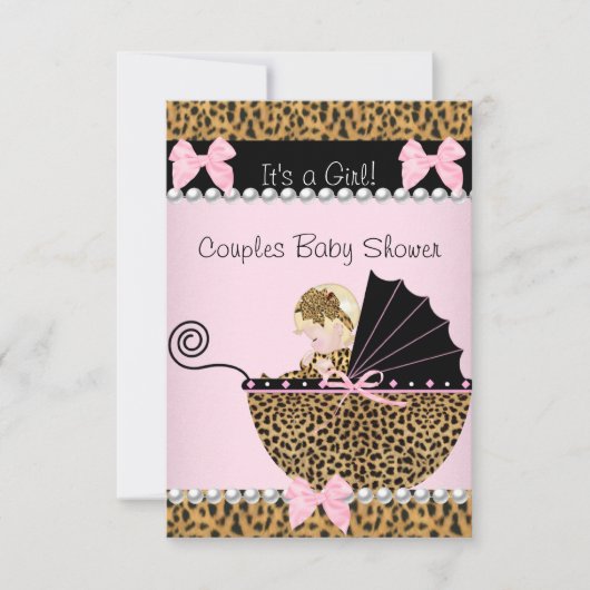 Paar Baby Dusche Niedlich Blonde Girl Pink Leopard Einladung (Vorderseite)