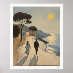 Paar, das beim Sonnenuntergang am Meer entlangläuf Poster