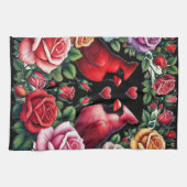 Paar der Kardinal Amid Vibrant Rose Geschirrtuch (Horizontal)
