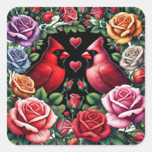 Paar der Kardinal Amid Vibrant Rose Quadratischer Aufkleber