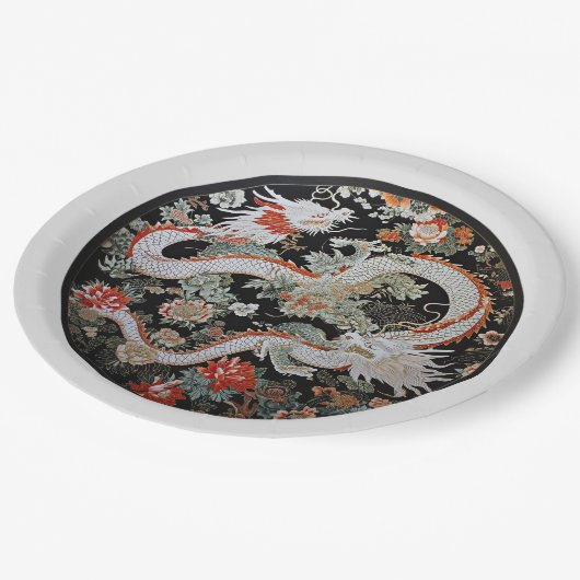 Paar der weißasiatischen Drachen Pappteller (Schrägansicht)