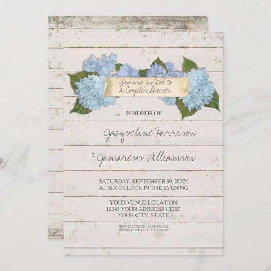 Paar Dusche BOHO Shiplap Holzbrett Hydrangea Einladung (Vorne/Hinten)