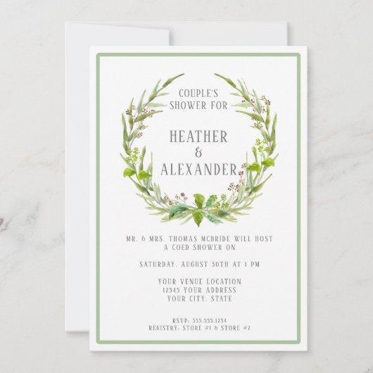 Paar Dusche Einfache Wasserfarbe Leaf Foliage Art Einladung (Vorderseite)