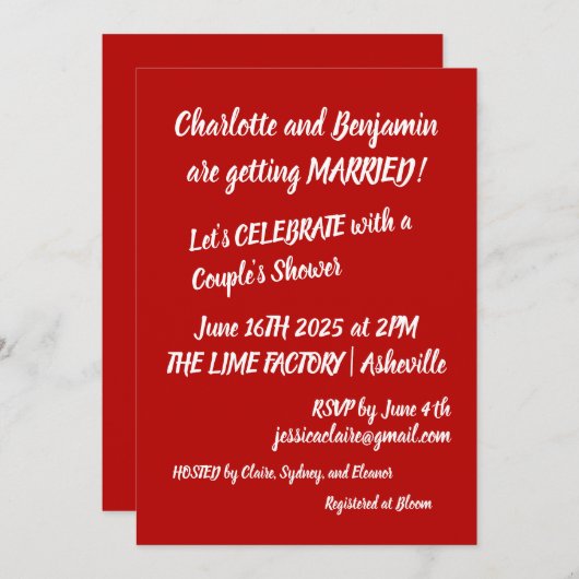 Paar Dusche kühne Red Playful Typografy Spaß Einladung (Vorne/Hinten)