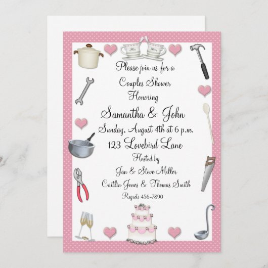 Paar-Duschen-Rosa-Herzen Einladung (Vorne/Hinten)