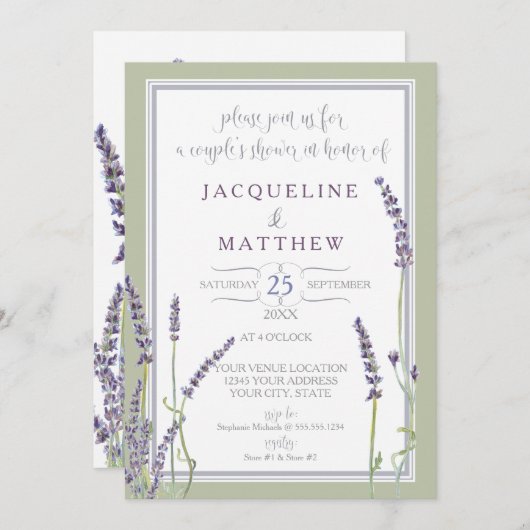 Paar-Duschewatercolor-Lavendel-Blumen-Skript Einladung (Vorne/Hinten)