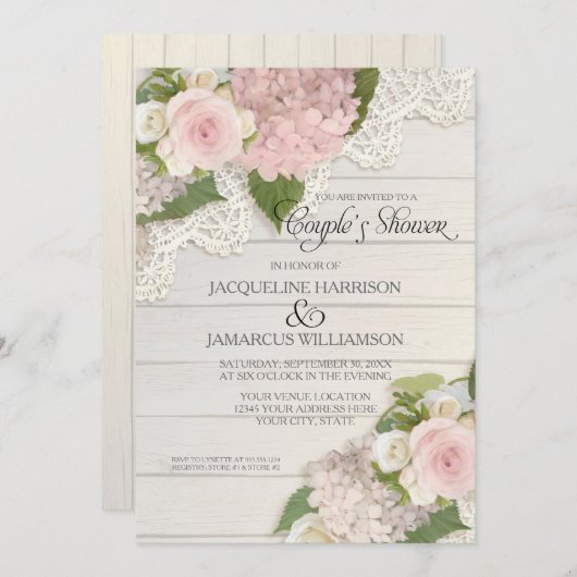 Paar Duschschrift Typografie Pink Hydrangeas Einladung (Vorne/Hinten)