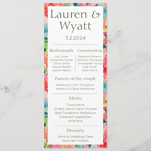 Paar Fakten Tropical Wedding Program & Menu Programm (Rückseite)