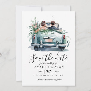 Paar im Oldtimer Aquarell Save the Date Einladung