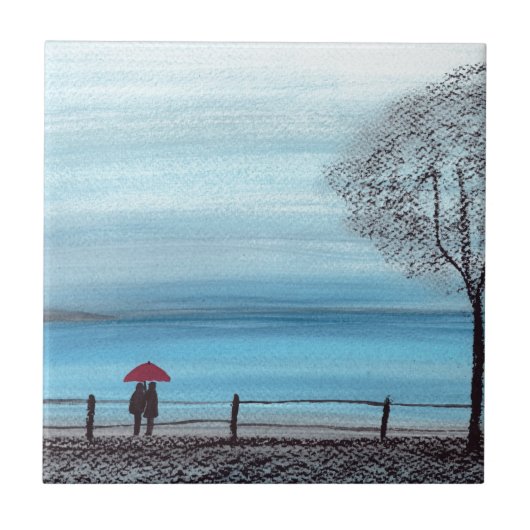 Paar in Liebe mit rotem Schirm Fliese (Vorderseite)