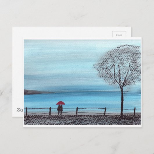 Paar in Liebe mit rotem Schirm Postkarte (Vorne/Hinten)